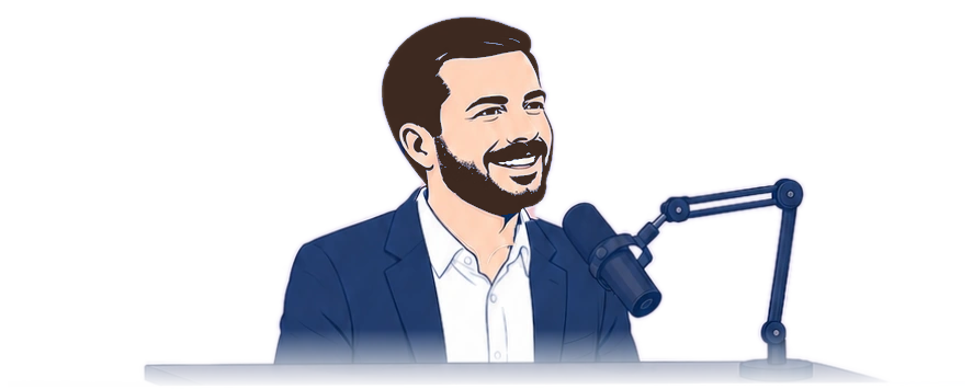 Illustration of Pete at a podcast microphone